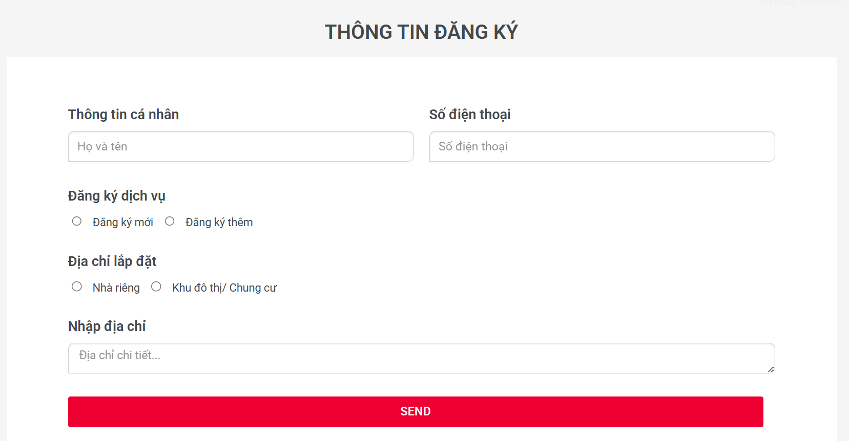 Điền thông tin lắp mạng viettel