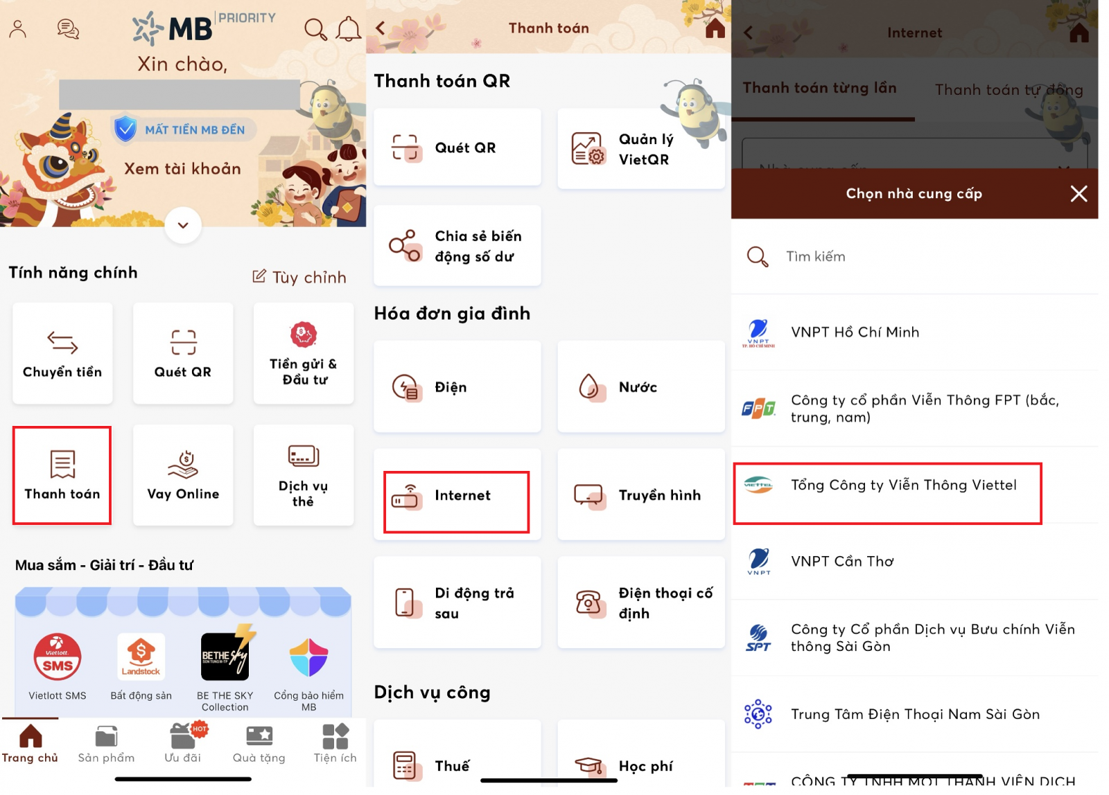 Thanh toán qua app ngân hàng MB