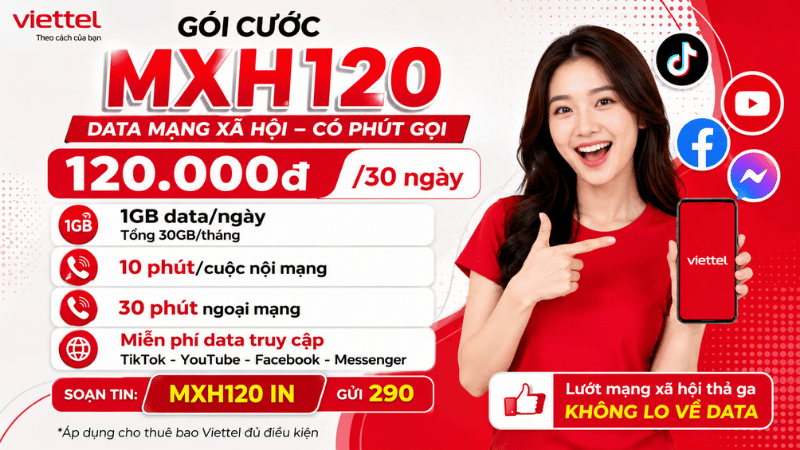 Gói MXH120 Viettel - Đăng Ký Data Mạng Xã Hội 1GB/Ngày, Gọi Miễn Phí