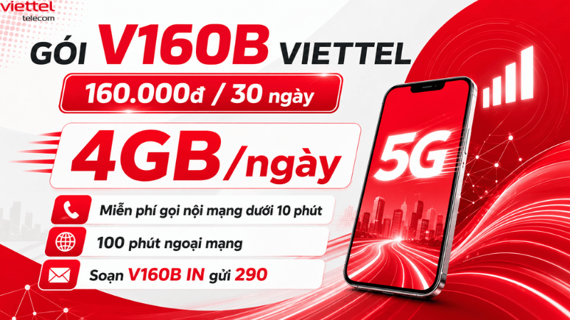 Gói V160B Viettel - Đăng Ký Combo Data 4GB/Ngày, Gọi Nội Mạng Miễn Phí Chỉ 160.000đ