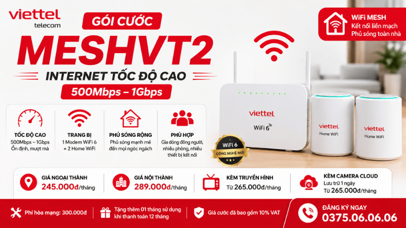 Gói MESHVT2 Viettel - Internet Tốc Độ Cao Kèm 2 Home WiFi, Phủ Sóng Mạnh Cho Nhà Nhiều Phòng